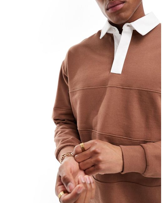 ASOS Brown Rugby Polo Sweatshirt With Tonal Panels for men