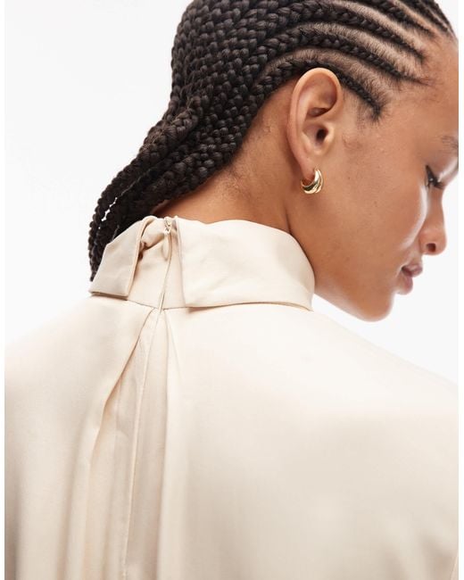 ASOS Natural Funnel Neck Satin Blouse With Pleats