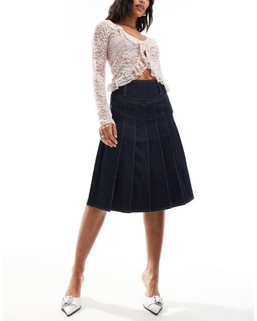 Urban Revivo Blue Pleated Denim Knee Length Skirt