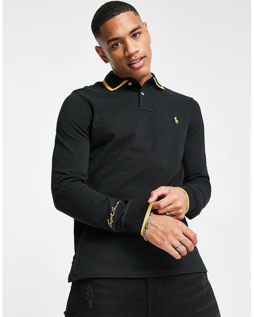 Polo Ralph Lauren Gold Icon Tipped Long Sleeve Pique Polo Custom Fit in  Black for Men | Lyst