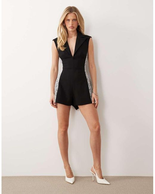 ASOS Black Tailored Playsuit With Lace Trim Detail