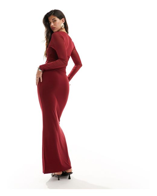 ASOS Red Long Sleeve Mesh Mix Maxi Dress With Twist Bust