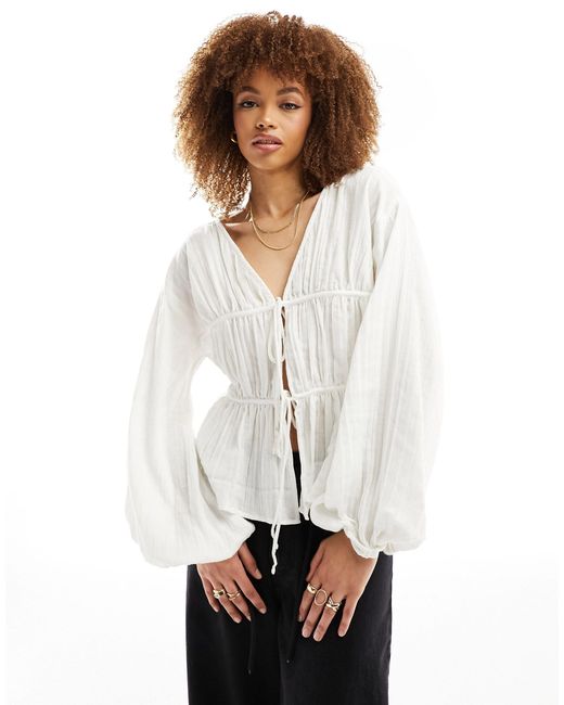 ASOS White Long Sleeve Smock Top With Ties