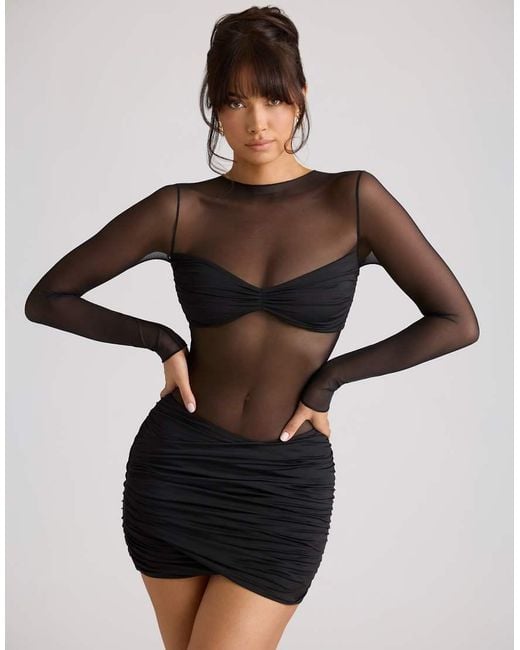 Oh Polly Black Sheer Long Sleeve Panelled Mini Dress