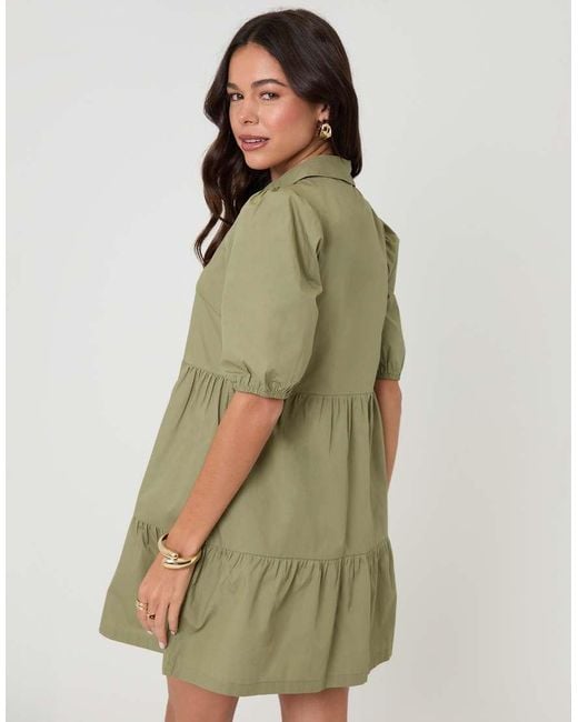 Threadbare Green Tiered Cotton Poplin Button Up Mini Dress