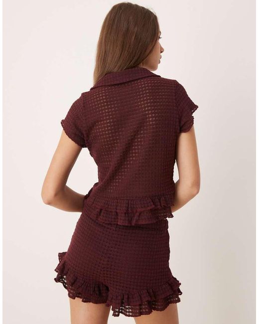 ASOS Purple Co-ord Crochet Button Through Top With Ruffle Sleeves And Hem