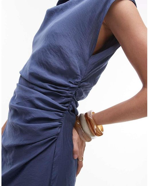 Vestido Midi Petróleo Con Mangas De Casquillo Y Lateral Fruncido De Mango de color Blue