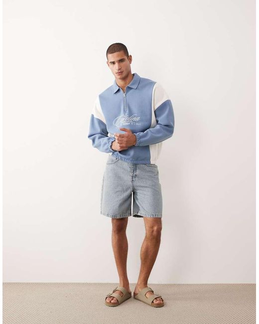 ASOS Blue Relaxed Quarter Zip With Cut & Sew Panels And Embroidered Print for men