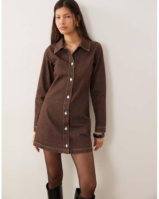 ASOS Natural Fitted Denim Shirt Dress With Long Sleeve
