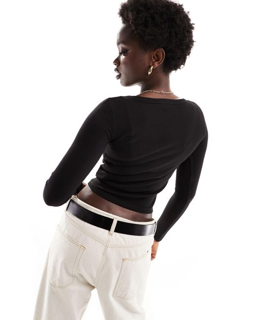 Cotton On Black Cotton On Notch Front Long Sleeve Waffle Crop Top
