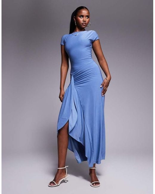 Kaiia Blue Exclusive Double Layered Slinky Cap Sleeve Side Split Drape Detail Maxi Dress