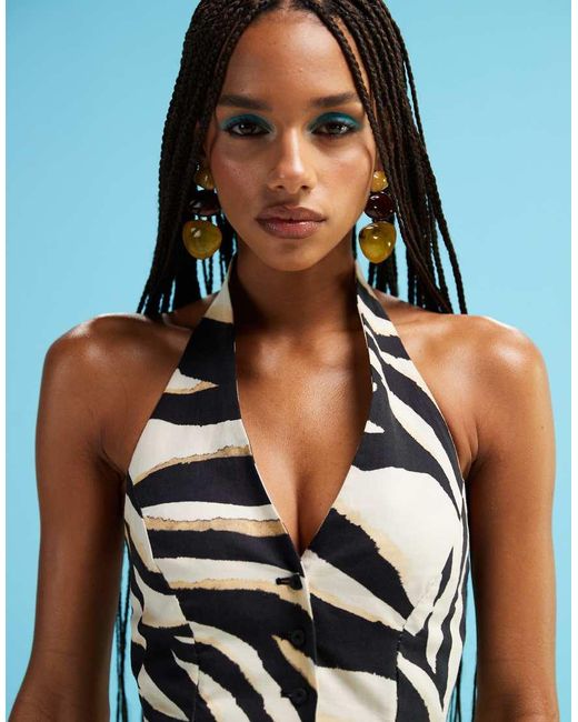 Mango Blue Zebra Halter Linen Mix Waistcoat Co-Ord