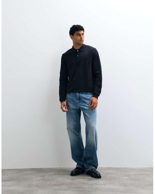 ARKET Blue Pure Cotton Long Sleeve Polo Shirt for men