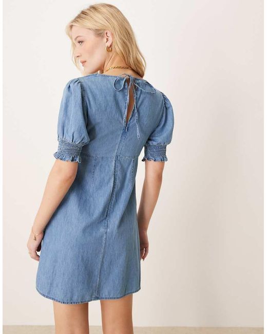 ASOS Blue Soft Denim Puff Sleeve Mini Dress With Frill Detail