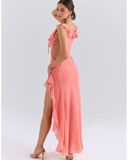 House Of Cb Red Aloura Coral Georgette Ruffle Maxi Dress