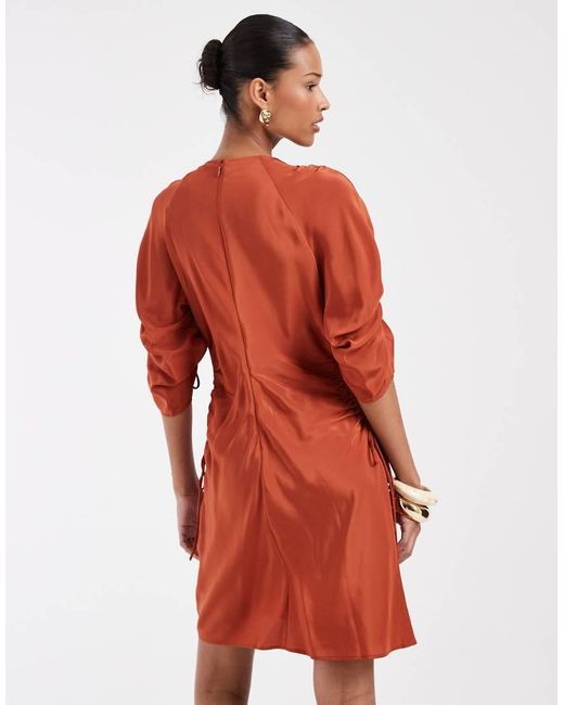 & Other Stories Red Ruched Volume Short Sleeve Mini Dress