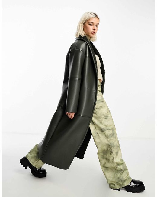 Collusion Longline Faux Leather Borg Lined Coat in White Lyst