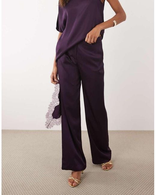 Mango Purple Yazmin Round Neck Half Sleeve Asymmetric Lace Detailed Satin Top