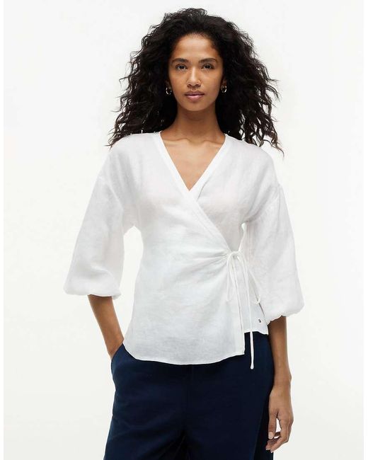 Tommy Hilfiger White Relaxed Fit Pure Linen Wrap Blouse