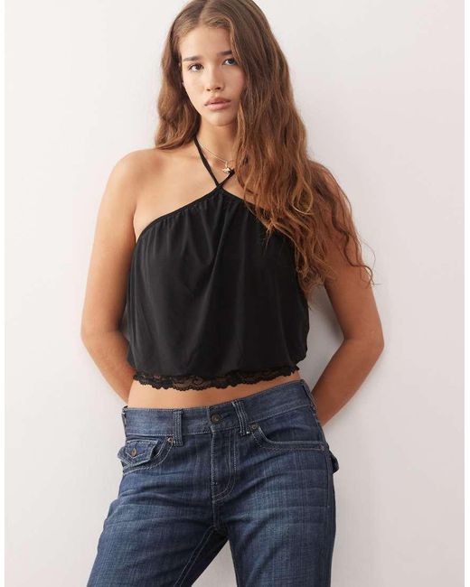 Collusion Blue Slinky Halterneck Top With Lace Trim Detail