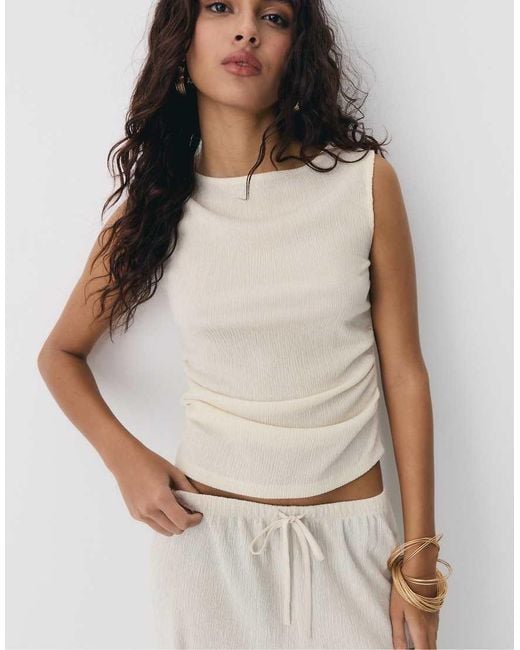 Stradivarius White Gathered Texture T-shirt
