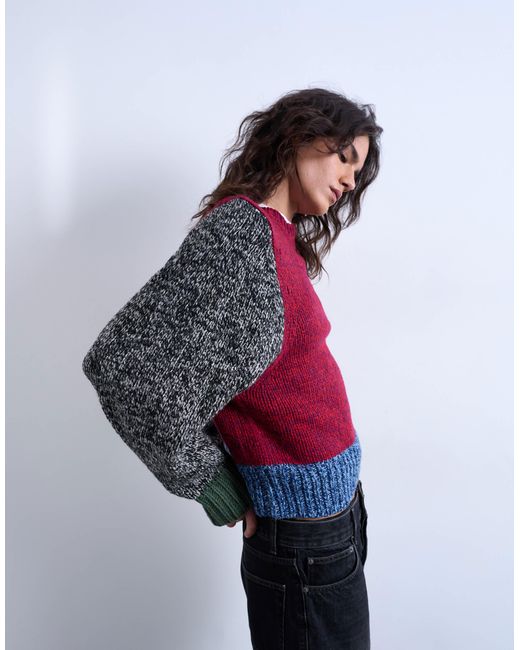 TOPSHOP Red – patchwork-strickpullover aus verzwirntem garn mit weiten ärmeln