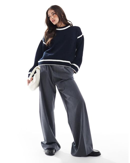 ASOS Blue Knitted Jumper With Contrast Cream Seams Navy