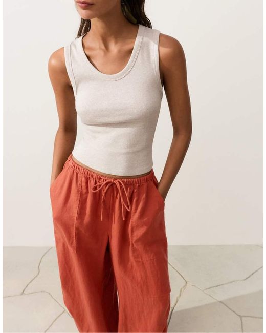 Oysho Red 100% Linen Cargo Bloomer Trousers