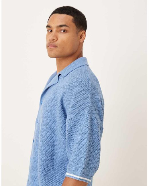 ASOS Blue Relaxed Knitted Button Through Polo Shirt Co-ord for men