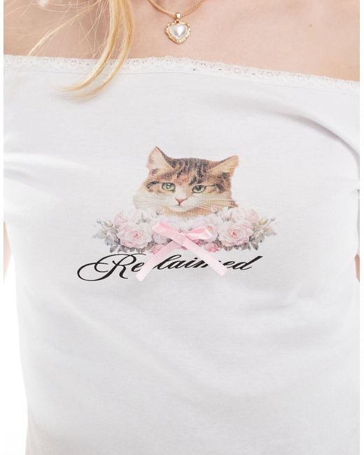 Reclaimed (vintage) White Off Shoulder Top With Lace Trim And Cat Graphic