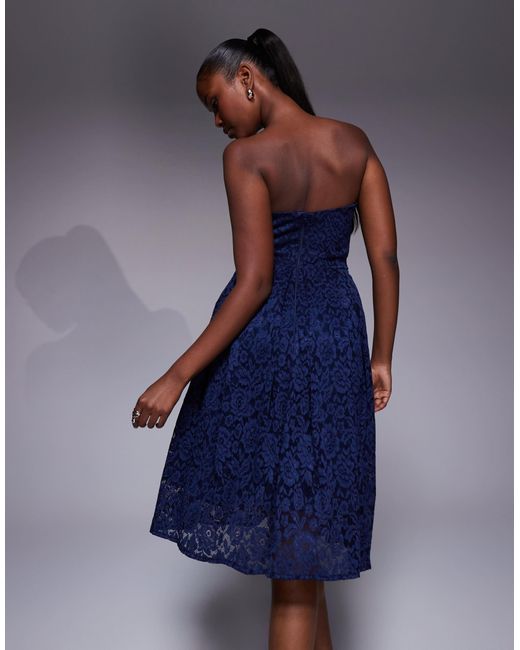 Vesper Blue Bengaline Lace Overlay Bandeau Sweetheart Neckline Pleat Hem Detail Midi Dress