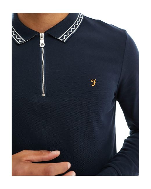 Farah Blue Milan Long Sleeve Polo With Zip for men