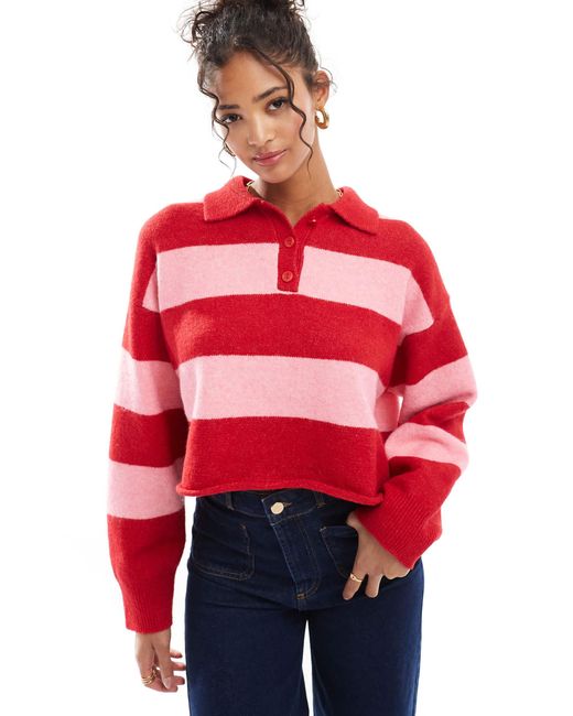 Bershka Red – strukturierter, gestreifter strickpullover