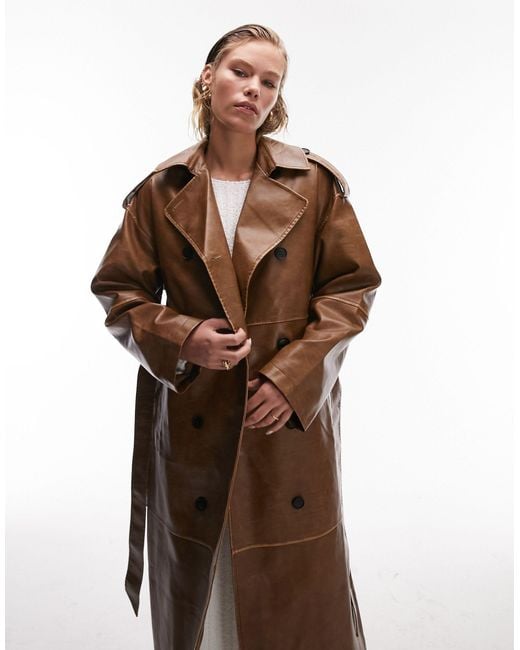 TOPSHOP Brown Long-line Washed Faux Leather Trench