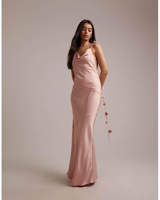 Wanderdoll Brown Aria Satin Cowl Neck Drape Bow Detail Cross Back Maxi Dress