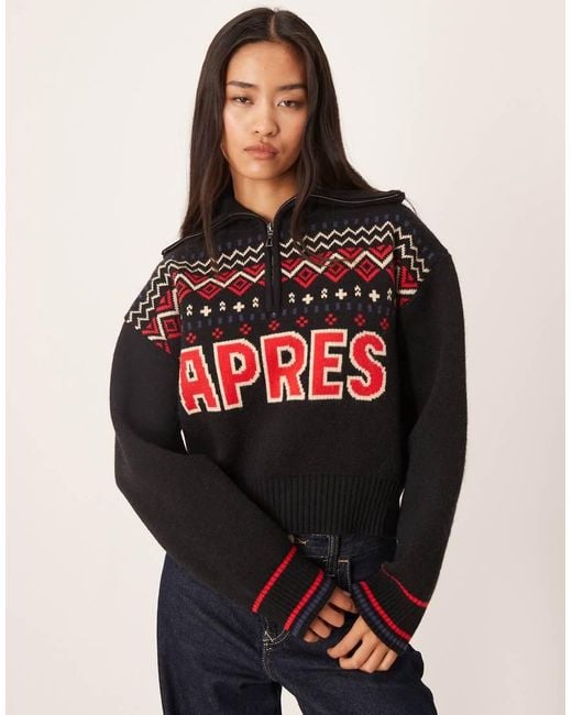 ASOS Red Ski Slogan Half-zip Fair Isle Jumper