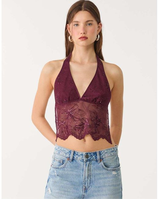 Stradivarius Red Halter Top With Sequin Embroidery