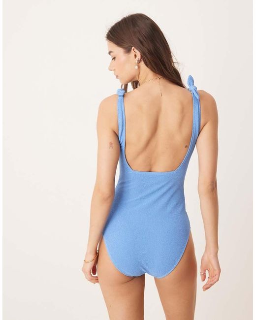& Other Stories Blue Crinkle Swimsuit With Knot Detail
