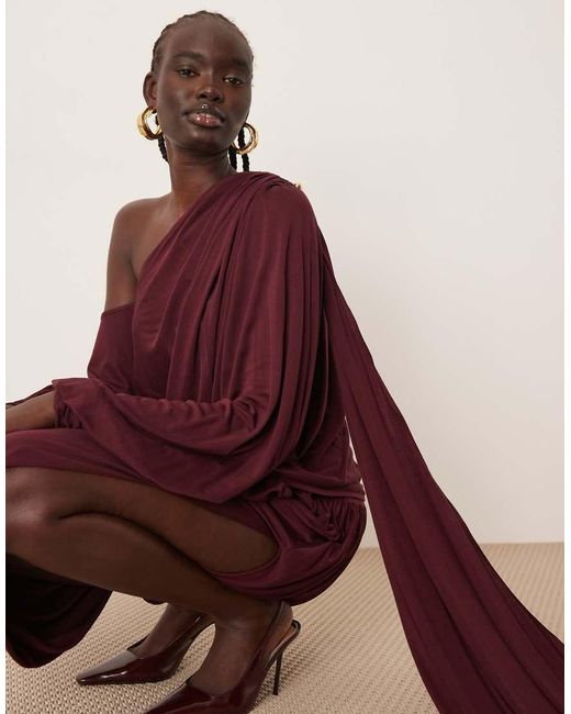 ARRANGE Purple Fallen Shoulder Draped Midi Dress With Train Back