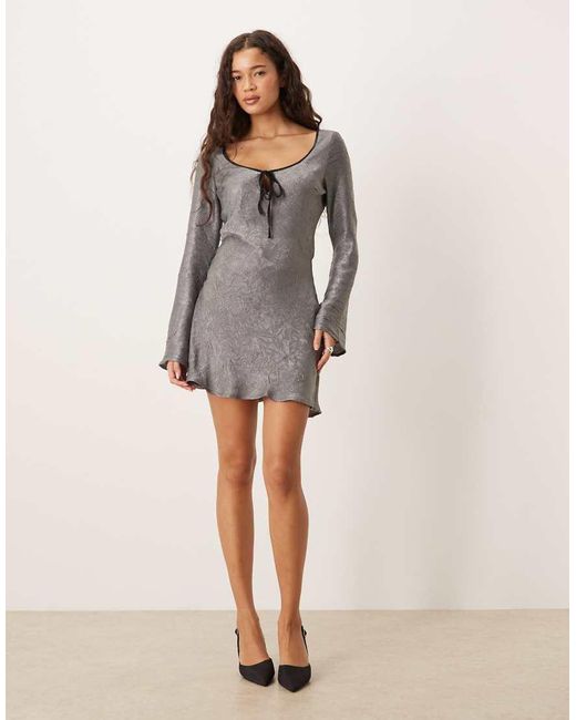ASOS Satin Long Sleeve Scoop Neck Swing Dress in Grey