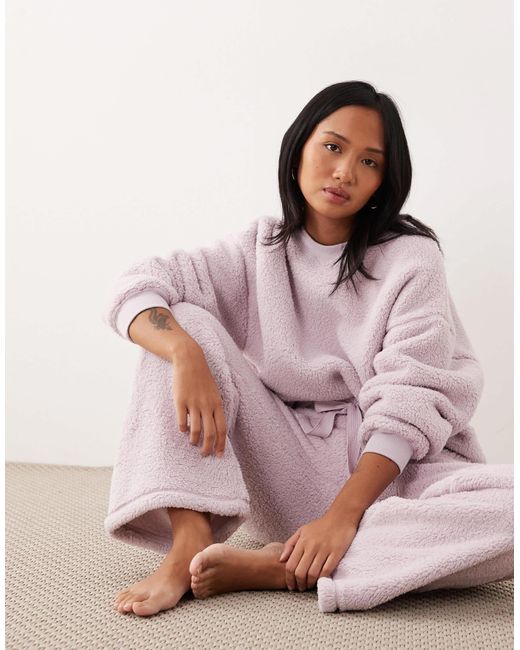 ASOS Pink Asos Design Petite Lounge Cuddle Crew Neck Sweat & Wide Leg Trouser Set