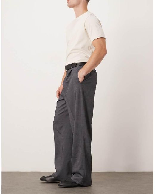 Pantalones De Vestir Grises De Pernera Ancha Con Patrón De Espiga, Pinzas Delanteras Y Cinturilla Elástica De ASOS de hombre de color Gray