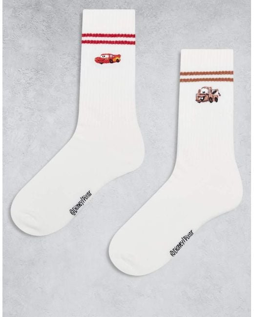 ASOS White Disney Pixar 2-pack Socks With Mater And Mcqueen Embroidery for men