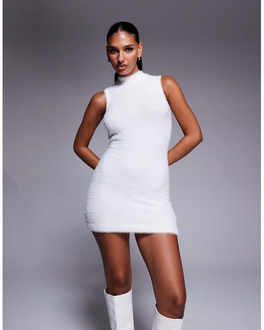 Aria Cove White Fluffy Knit High Neck Sleeveless Mini Jumper Dress Co-ord
