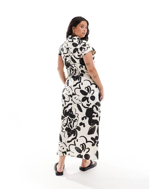 Asos design curve - robe chemise mi-longue en lin avec nervures, mancherons et imprimé abstrait ASOS en coloris White