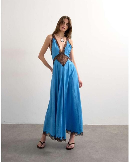 TOPSHOP Blue V-neck Slip Dress With Chocolate Contrast Lace