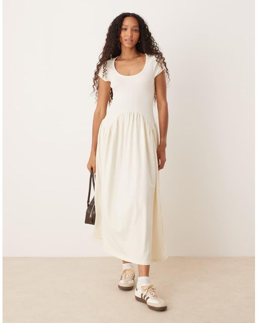 ASOS Cap Sleeve Waisted Detail Midi Dress in Natural | Lyst UK