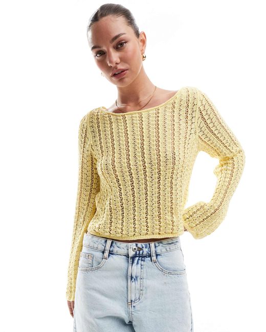 Pieces Metallic Self Stripe Crochet Knit Cropped Top