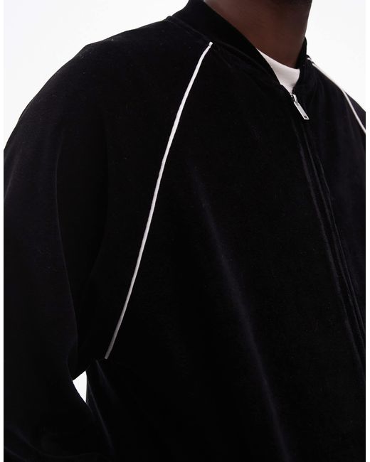 Topman Black Oversized Fit Velour Full Zip Through Sweat With Side Piping Detail for men
