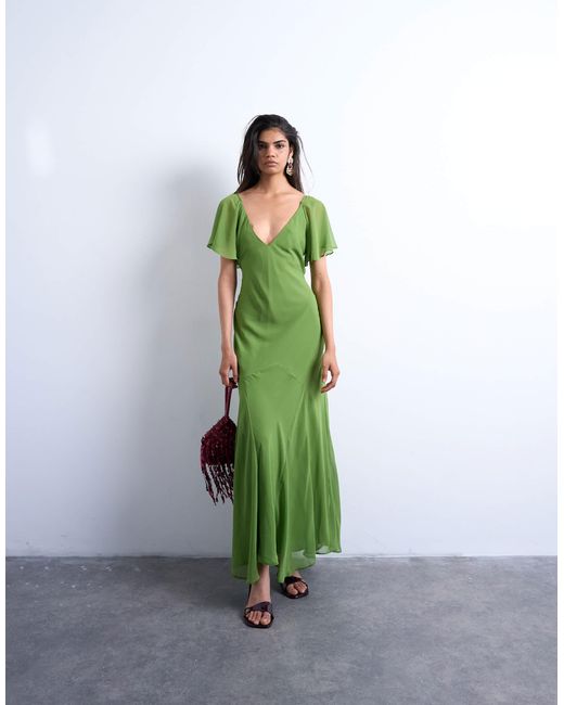 TOPSHOP Green Flutter Sleeve Godet Hem Midi Dress